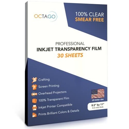 OCTAGO Inkjet Transparency Film - Inkjet Transparent Paper for Overhead & Screen Printing - Thick Transparency Sheets & Printable Plastic Sheets for Crafts - 8.5 x 11 Inches, Pack of 30